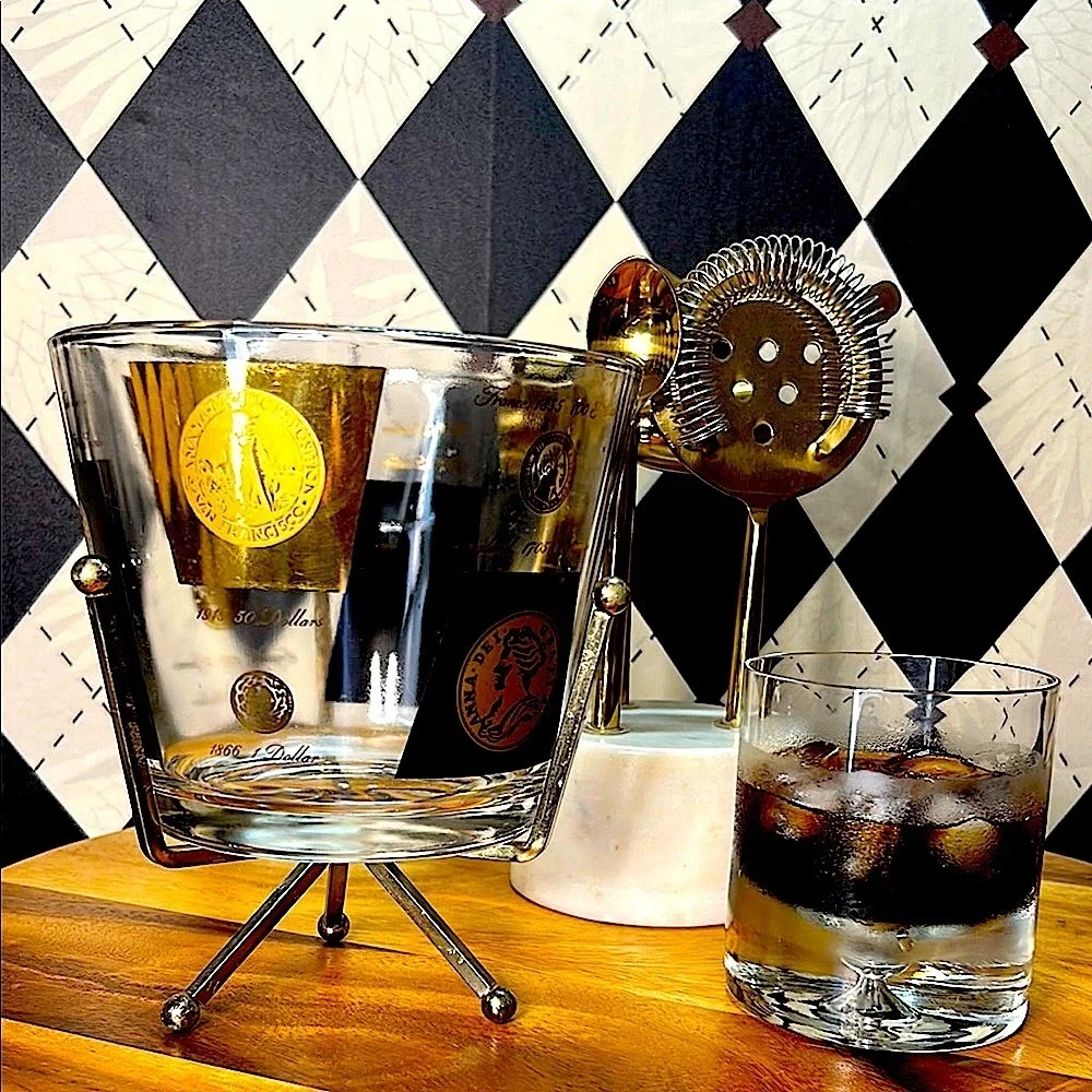 Vintage‎ MCM Cera Glass Ice Bucket with Stand– Gold/Black Coin Design